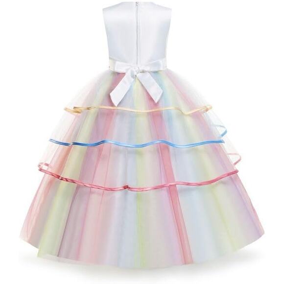 White/Rainbow Unicorn Girl Dresses Party Princess Flower Costume 13-14 Years - Picture 3 of 14